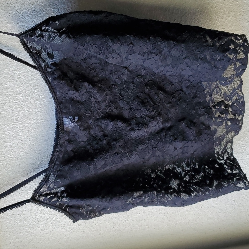 Black Lace Mesh Crop Top Lingerie Layer Piece Small Scallop Trim Spaghetti Strap